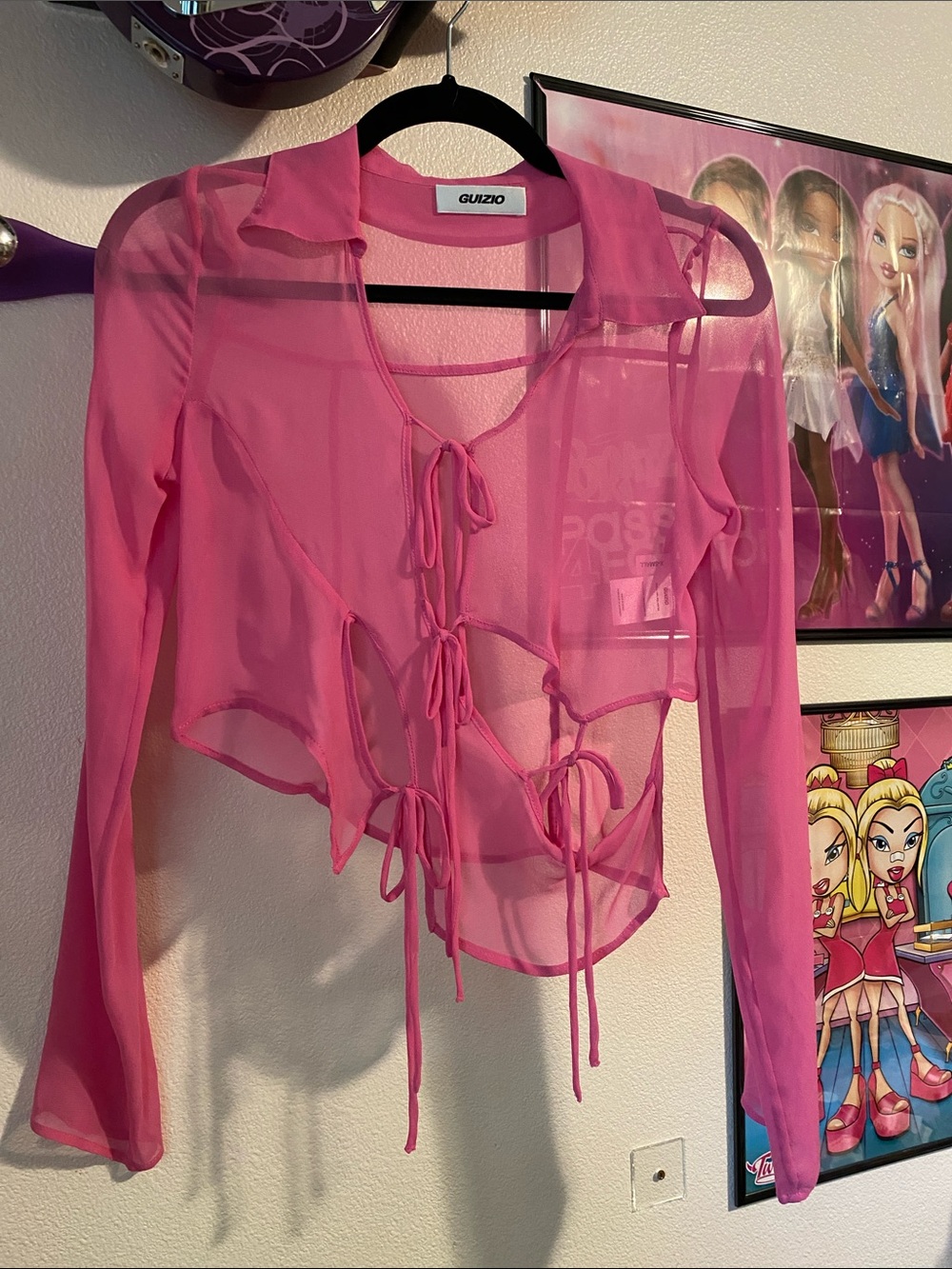 Sexy Hot Pink Sheer Guizio Long Sleeve Tie Front Top